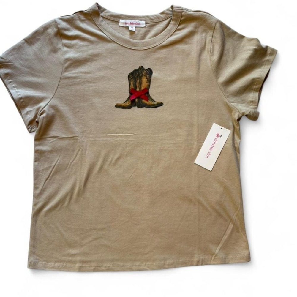 Double Dot Womens Tan Cowboy Boots Graphic Tee Red Bow Coquette T00980-G20393 M